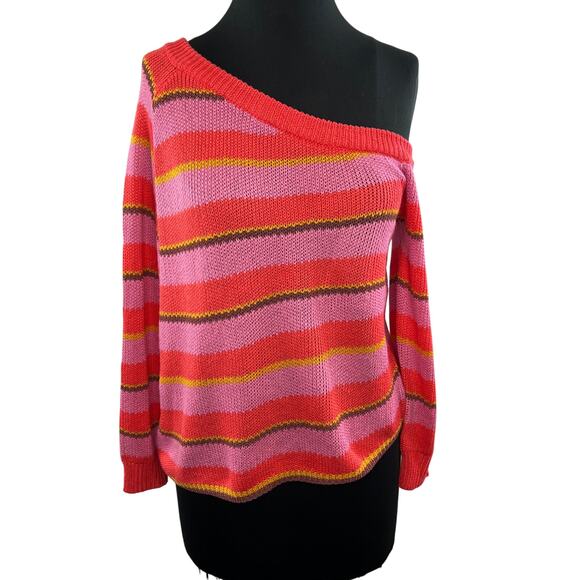 Tularosa Sweaters - TULAROSA Dorado Sweater Pink Stripe One Shoulder Ribbed Knit Acrylic X-Small XS